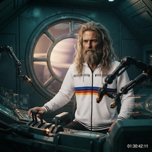 May include: A person with long wavy hair and a beard wearing a white zip-up hoodie with a horizontal blue, red, and yellow stripe across the chest. The hoodie features black trim on the cuffs and a black zipper, set against a dark control room.