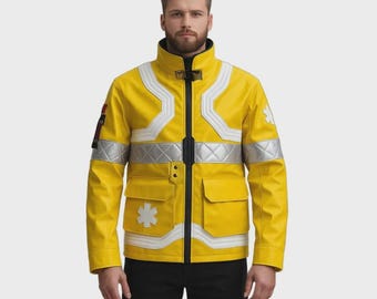 Peut inclure: Une veste jaune vif dotée d'un col montant avec une boucle noire, de passepoils géométriques blancs et d'une bande horizontale réfléchissante argentée. La veste comprend deux grandes poches avant et un emblème étoile de vie blanc.