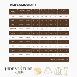 May include: A brown size chart titled SIZE CHART with rows for sizes XS through 5XL. Columns list measurements in inches and centimeters for suitable chest, chest, shoulder, sleeves, and length. The bottom includes the text HIDE VENTURE STORE.