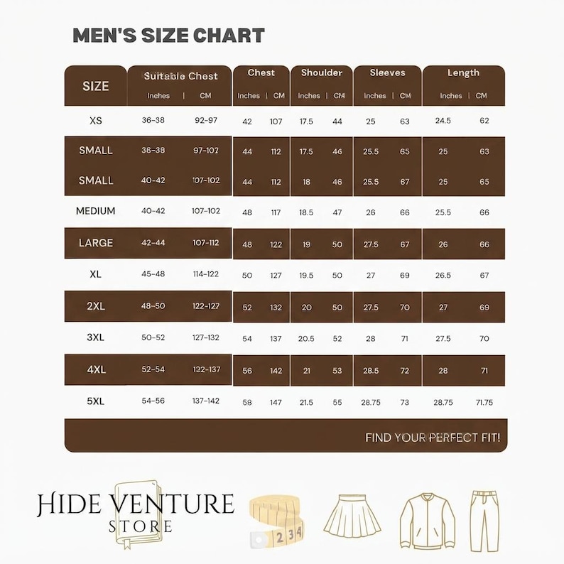 May include: A brown size chart titled SIZE CHART with rows for sizes XS through 5XL. Columns list measurements in inches and centimeters for suitable chest, chest, shoulder, sleeves, and length. The bottom includes the text HIDE VENTURE STORE.