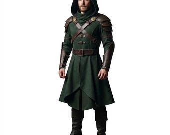 Peut inclure: Un manteau à capuche vert foncé avec des épaulettes, des protège-bras et un harnais de poitrine en cuir marron dotés de boucles métalliques. La tenue comprend un col haut, une taille ceinturée, une jupe longue évasée et des bottes noires.