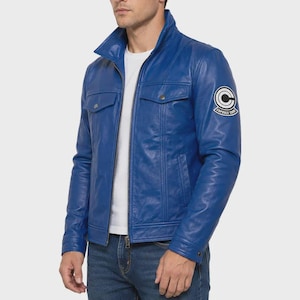 Trunks Inspired Blue Jacket, Men’s Royal Blue Biker Jacket with Capsule Corp Sleeve Patch, Anime Cosplay