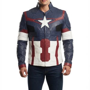 May include: A navy blue, white, and red leather jacket featuring a prominent white star on the chest, a high collar, and a full-length front zipper. The design includes structured paneling with red and white accents across the shoulders and torso.