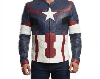 May include: A navy blue, white, and red leather jacket featuring a prominent white star on the chest, a high collar, and a full-length front zipper. The design includes structured paneling with red and white accents across the shoulders and torso.