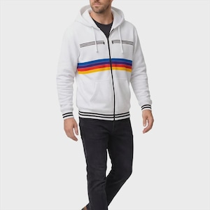 May include: A white zip-up hoodie featuring a horizontal stripe pattern in blue, purple, red, and yellow across the chest. The garment includes a drawstring hood, two black horizontal stripes on the upper chest, and black-and-white striped ribbed cuffs.