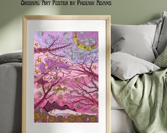 Lámina decorativa de luna mística, póster de unicornio espiritual, arte de meditación tántrica, decoración surrealista del cielo nocturno, arte visionario del tercer ojo, arte zen.