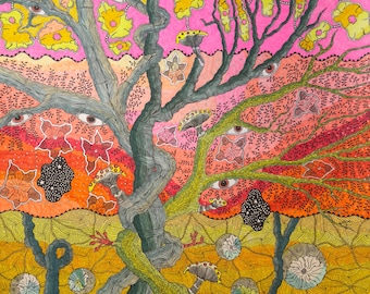 En el Valle de los Hongos: Arte mural imprimible, obra de arte psicodélica original dibujada a mano, decoración tántrica alucinante para el hogar, póster artístico.