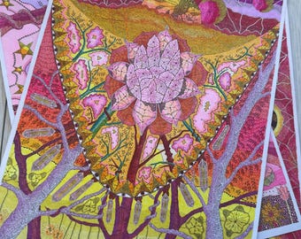 Mandala del Jardín Susurrante, lámina decorativa para pared, obra de arte psicodélica original dibujada a mano, decoración tántrica alucinante para el hogar, póster artístico.