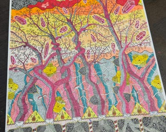 Arte mural imprimible de The Cosmic Grove, obra de arte psicodélica original dibujada a mano, decoración tántrica alucinante para el hogar, póster artístico.