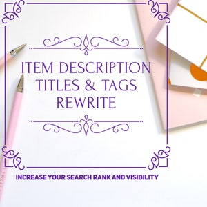 Op de afbeelding: Een witte achtergrond met twee roze pennen en een paarse tekstoverlay die "ITEM DESCRIPTION TITLES & TAGS REWRITE" en "INCREASE YOUR SEARCH RANK AND VISIBILITY" luidt.
