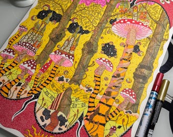 Toadstool Vale of Wonders: Arte mural imprimible, obra de arte psicodélica original dibujada a mano, decoración tántrica alucinante para el hogar, póster artístico.