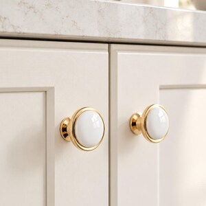 White Ceramic Gold Cabinet Knob, Round Single-Hole Drawer Pull, 37 mm Cupboard Door Hardware for Kitchen, Dresser, Wardrobe & Vanity