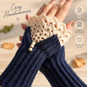 May include: A pair of navy blue crochet handwarmers featuring a ribbed texture, three small round wooden buttons, and a cream-colored lacy scalloped cuff. The image includes text reading CROCHET PATTERN, Cozy Handwarmers, PDF, EASY TO FOLLOW, FOR EVERY SEASON, and Handmade with Love.
