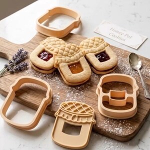 Peut inclure: Trois biscuits en forme de pot de miel avec un centre à la confiture et trois emporte-pièces en plastique assortis. Les biscuits présentent un motif de couvercle texturé et une découpe carrée. Une carte Honey Pot Cookies est incluse.