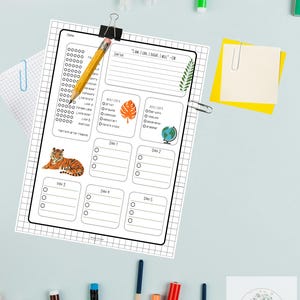 May include: A white paper planner sheet with a black grid border, featuring a tiger illustration, a globe icon, and a leaf graphic. The page includes sections for daily tasks, a verse, and weekly loops, with a yellow pencil resting on the paper.