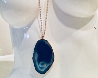 14k Gold Blue Agate Slice Necklace, boho necklace, layering necklace, natural stone jewelry, healing jewelry, blue stone, gift for her