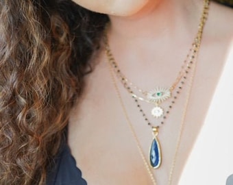Sapphire Blue Rosary Chain Pendant Necklace, blue crystal, dyed quartz, rosary chain necklace, layering necklace, boho glam style