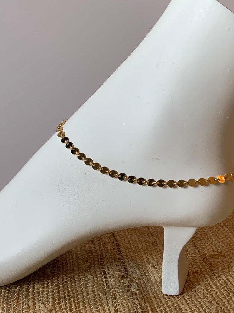 14k gold coin chain anklet, gold anklet, gold filled anklet, boho jewelry, beach jewelry, summer jewelry, boho glam, anklet layering image 1