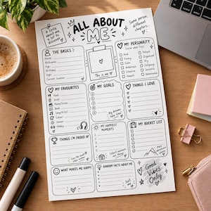 May include: A white paper activity sheet titled All About Me with black line art illustrations and text sections for personal details, personality traits, goals, favourites, bucket list, proud moments, and happy thoughts with a Good Vibes Only note.