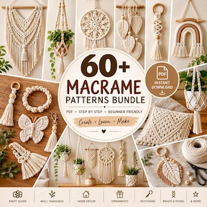Bundel met meer dan 60 macramépatronen (pdf), handleiding voor macraméknopen, boho wanddecoratie, doe-het-zelf macraméprojecten, tutorial voor beginners, direct te downloaden.