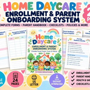Puede incluir: Un paquete imprimible de 24 páginas para la inscripción y el proceso de bienvenida de padres en guarderías. Incluye formularios de inscripción, contactos de emergencia, manuales y listas de verificación con ilustraciones de niños.