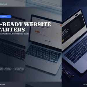 以下が含まれることがあります： AI-READY WEBSITE STARTERSと題されたデジタル製品で、3つの実在するウェブサイトと1つの実践ガイドが含まれています。画像にはウェブサイトのテンプレートを表示したノートパソコンが写っており、3つのテンプレート、11のツール、20のガイドページというラベルが記載されています。