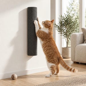 Puede incluir: Un rascador para gatos cilíndrico y vertical montado en la pared con una superficie texturizada de color gris oscuro y con relieve. El poste está fijado de forma segura a una pared blanca lisa, ofreciendo un área para el cuidado de las uñas.