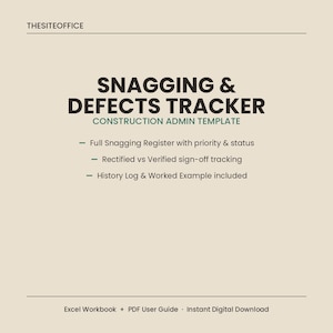 Op de afbeelding: Een digitale Snagging & Defects Tracker bouwbeheersjabloon van THESITEOFFICE. Bevat een volledig register met prioriteit en status, tracking voor herstel en verificatie, en een historisch logboek inclusief een uitgewerkt voorbeeld.