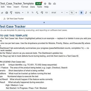 May include: A digital spreadsheet document titled QA Test Case Tracker. The text includes instructions on how to use the template, including steps for test cases, dashboard summaries, and bug logs, along with a column legend defining test case attributes.
