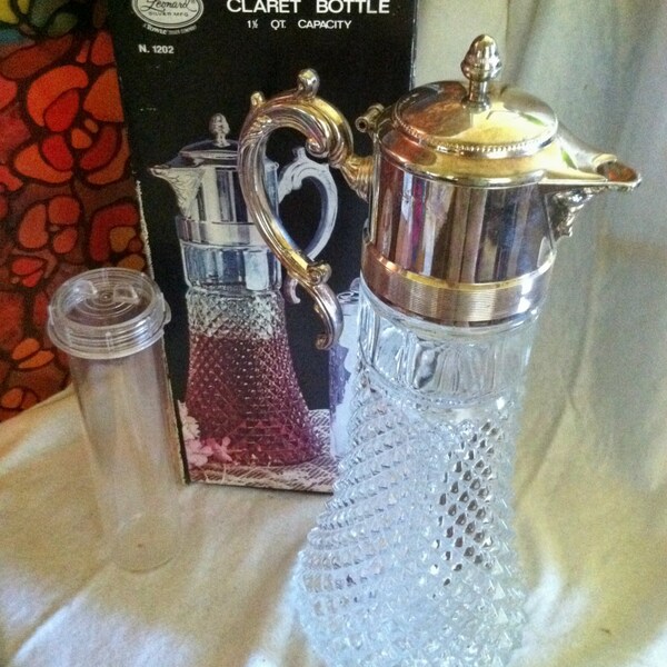 Cristal et métal blanc Bordeaux bouteille pichet carafe ~ Leonard Silver MFG. ~ 1983 ~ Italie ~