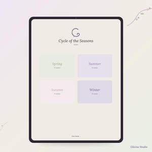 Può includere: Uno schermo di tablet digitale che mostra una pagina di agenda intitolata Cycle of the Seasons index. Presenta quattro riquadri rettangolari etichettati Spring, Summer, Autumn e Winter, ciascuno con il testo 13 weeks. In basso appaiono Year Notes e Glicine Studio.