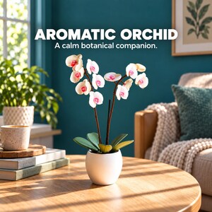 Puede incluir: Una orquídea en maceta con pétalos blancos y centros rosados, con dos tallos delgados marrones y hojas verdes, en una maceta de cerámica blanca lisa. El texto AROMATIC ORCHID A calm botanical companion aparece sobre la planta.