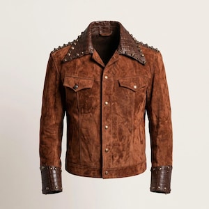 Men's Brown Leather Jacket, Distressed Suede Western Trucker with Studded Croc-Embossed Trim