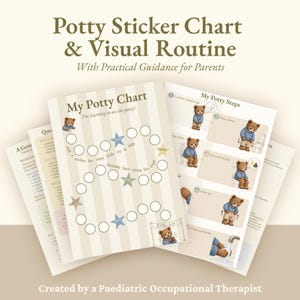 May include: A potty sticker chart and visual routine set featuring a bear character. The chart includes circular spaces for stickers, star icons, and the text My Potty Chart. The visual routine shows numbered steps with illustrations of a bear using a toilet.