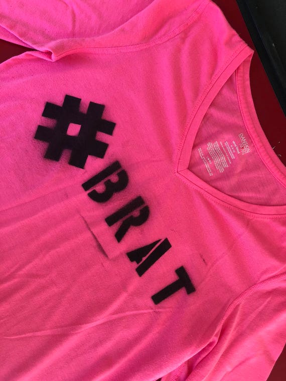 Stencil Spray Paint Tag BRAT on Neon Pink Long Sleeve V-neck - Etsy