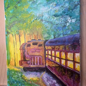 May include: An oil painting on canvas depicting a train with a dark red engine and passenger cars featuring glowing yellow windows. The train travels through a forest with vibrant green and yellow foliage under a bright blue sky.