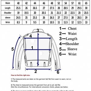 May include: A black and white size chart for a jacket, featuring a table with measurements in inches for sizes XS to 6XL. A line drawing of a jacket shows numbered arrows indicating where to measure the chest, waist, length, shoulder, sleeve, and wrist.