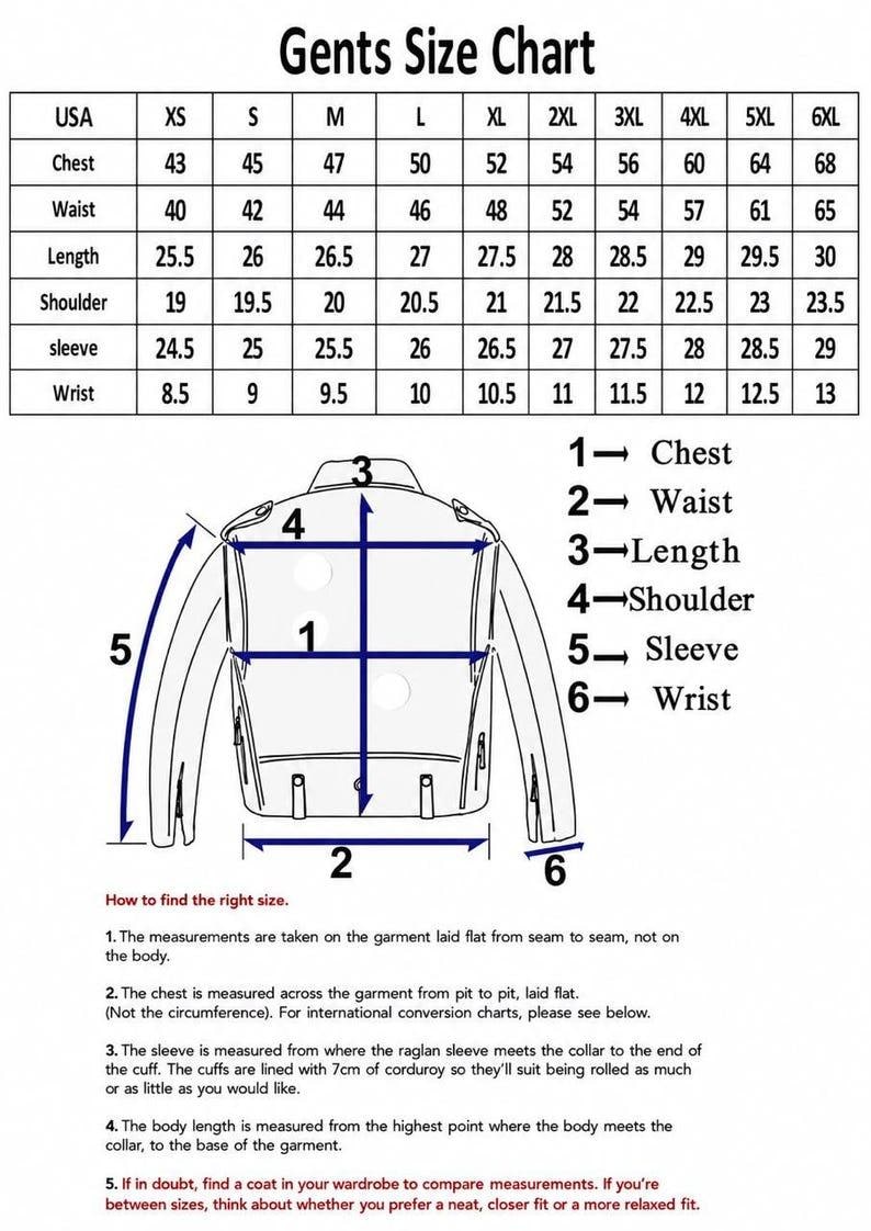 May include: A black and white size chart for a jacket, featuring a table with measurements in inches for sizes XS to 6XL. A line drawing of a jacket shows numbered arrows indicating where to measure the chest, waist, length, shoulder, sleeve, and wrist.