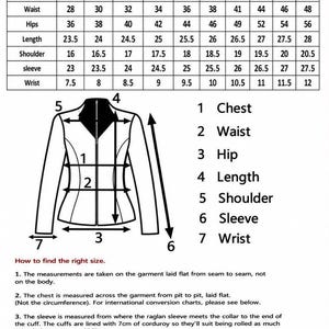 May include: A size chart for clothing featuring a table with columns for sizes XS through 6XL and rows for chest, waist, hips, length, shoulder, sleeve, and wrist measurements in inches. Includes a line drawing of a jacket with numbered labels.