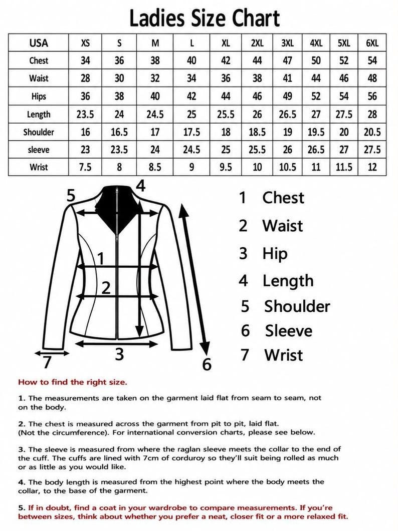 May include: A size chart for clothing featuring a table with columns for sizes XS through 6XL and rows for chest, waist, hips, length, shoulder, sleeve, and wrist measurements in inches. Includes a line drawing of a jacket with numbered labels.