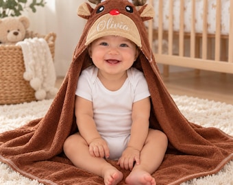 Personalized Christmas Reindeer Bath Towel,Custom Name Animal Bath Towel,Toddler Gift,Baby Shower Gift,Christmas gift,First Christmas Gift