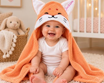 Serviette de bain à capuche personnalisée pour bébé, motif renard, serviette de bain animal personnalisée avec prénom, cadeau doux pour tout-petit, cadeau de naissance