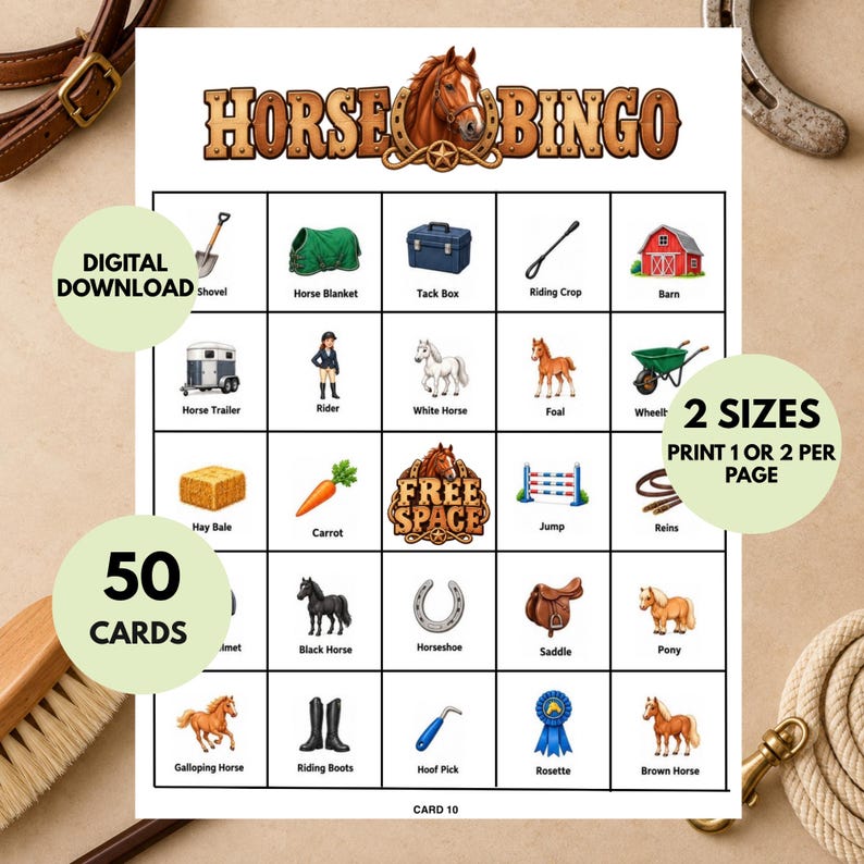 Horse Bingo Printable Game, 50 Unique Cards With Calling Sheets ...