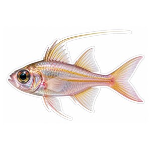 May include: A detailed illustration of a fish with large, dark eyes and a prominent, elongated dorsal fin spine. The body features iridescent silver and pink scales with a distinct horizontal gold stripe running from the gills to the tail.
