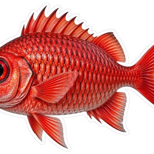 May include: A vibrant red fish sticker featuring a detailed scale pattern, a prominent dorsal fin, and a large, dark, circular eye. The fish is depicted in profile, showcasing its bright crimson coloration and sharp, pointed fins with black tips.