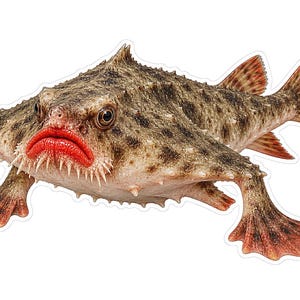 May include: A batfish with a mottled brown and tan textured body, prominent red lips, and sharp, pointed teeth. The creature features wide, wing-like pectoral fins, a spiky dorsal area, and a fan-shaped tail with reddish-brown striped patterns.