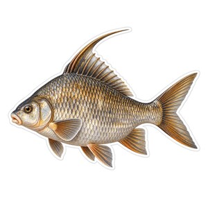 May include: A detailed illustration of a carp fish featuring golden-brown scales, a prominent elongated dorsal fin, and a deeply forked tail. The fish has a rounded body shape, a small mouth, and translucent fins with visible rays.