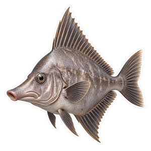 May include: A detailed illustration of a fish with a pointed snout, large dark eye, and prominent dorsal fin. The body features mottled grey and brown scales with textured fins. The fish is depicted in profile against a plain white background.