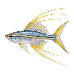 May include: A detailed illustration of a threadfin rainbowfish featuring a slender, iridescent blue and silver body with a prominent horizontal yellow stripe. The fish has elongated, flowing yellow fins and a large, clear eye.