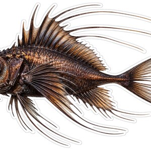 May include: A sticker featuring a detailed illustration of a dark brown fish with large eyes, a prominent spiky dorsal fin, and long, thin, flowing fin rays extending from its body, set against a clean white background.
